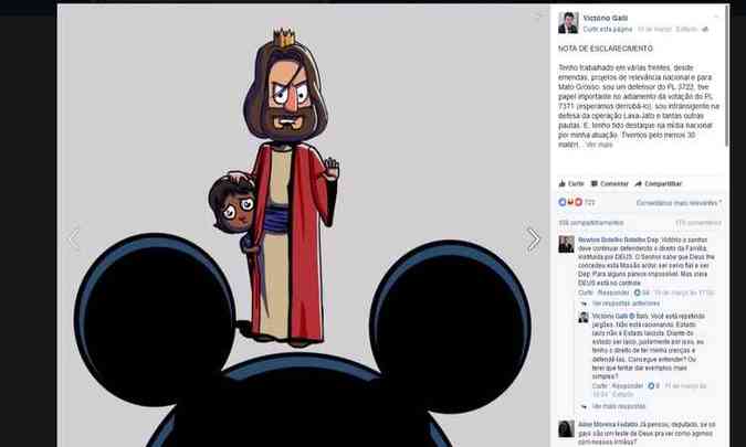 Na semana passada, deputado postou nas redes sociais imagem de Jesus repreendendo o Mickey Mouse, o que gerou polmica na internet(foto: Facebook/Reproduo)