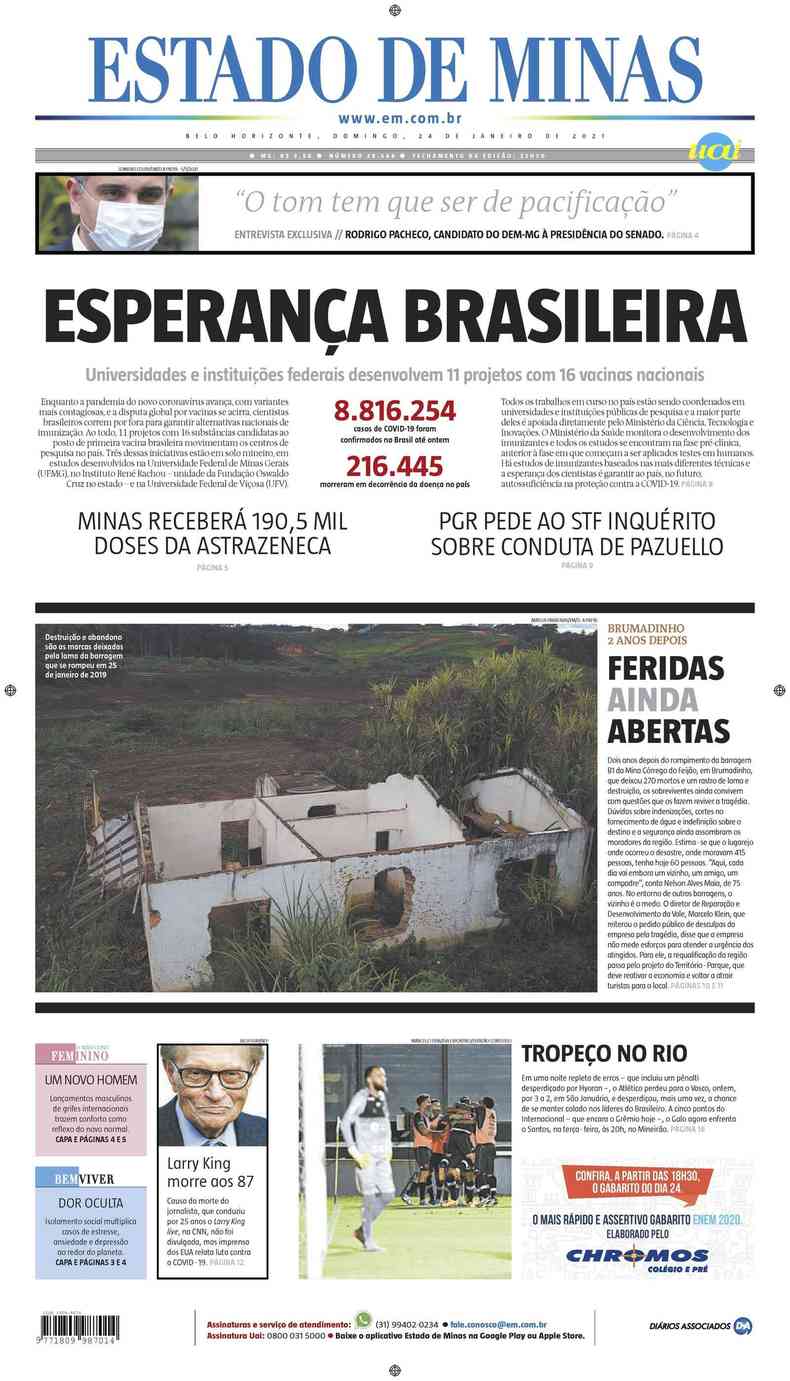 Confira a Capa do Jornal Estado de Minas do dia 24/01/2021(foto: Estado de Minas)