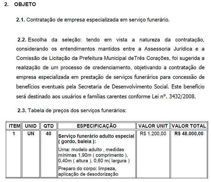 Trecho do edital pede 40 caixões com a terminologia 'gordo, baleia'(foto: Prefeitura de Três Corações/Divulgação) Trecho do edital pede 40 caixões com a terminologia 'gordo, baleia'(foto: Prefeitura de Três Corações/Divulgação)