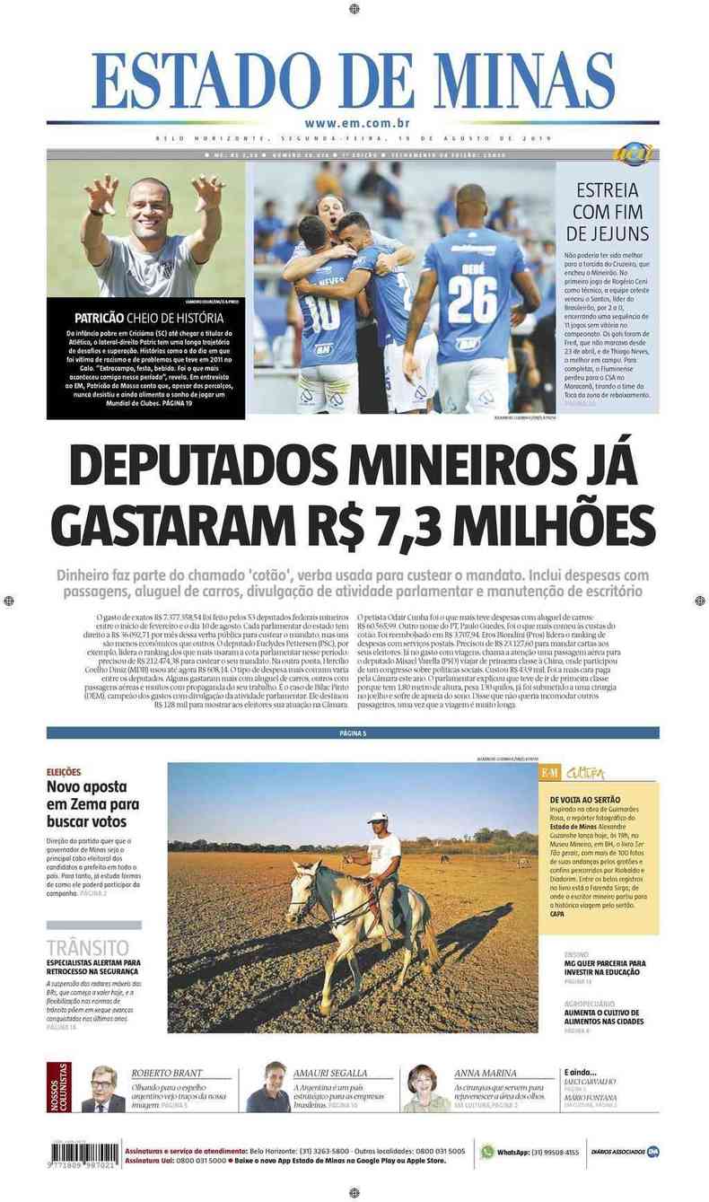 Confira a Capa do Jornal Estado de Minas do dia 18/08/2019(foto: Estado de Minas)