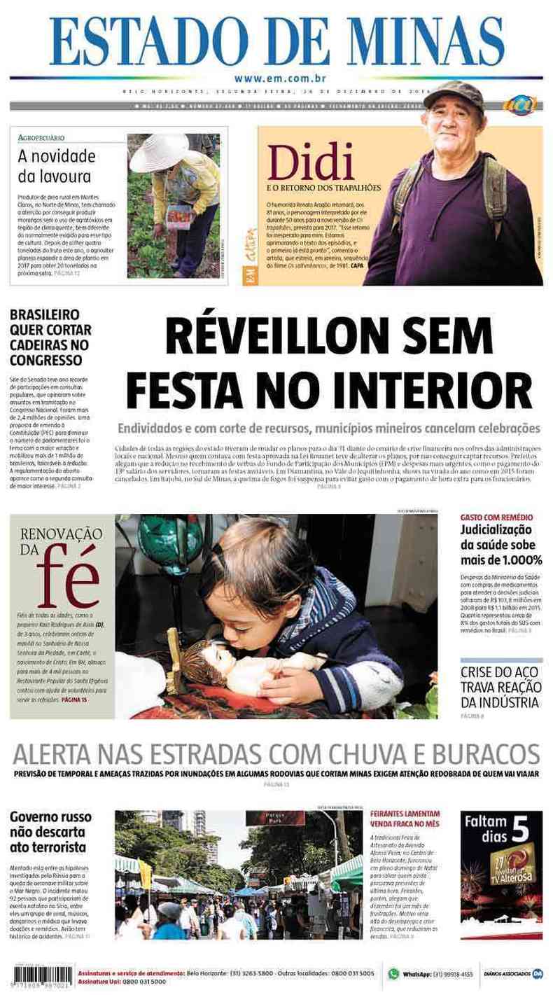 Confira a Capa do Jornal Estado de Minas do dia 26/12/2016