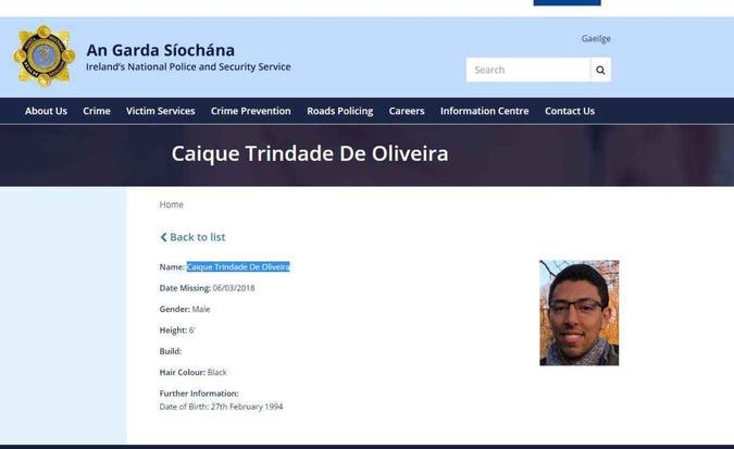 A guarda irlandesa está ajudando a procurar o jovem brasileiro(foto: Reprodução Internet) A guarda irlandesa está ajudando a procurar o jovem brasileiro(foto: Reprodução Internet)