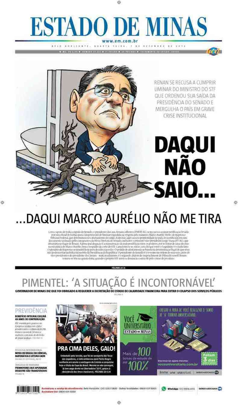 Confira a Capa do Jornal Estado de Minas do dia 07/12/2016