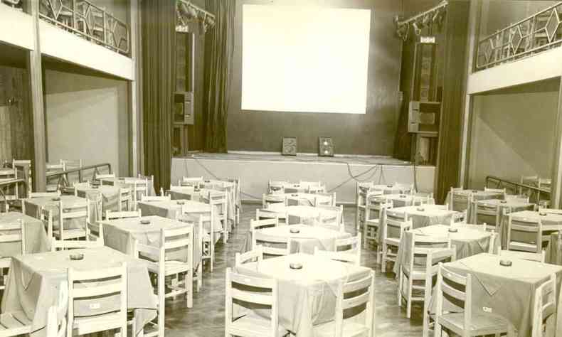 Salão da casa noturna Cabaré Mineiro, com mesas vazias e palco ao fundo
