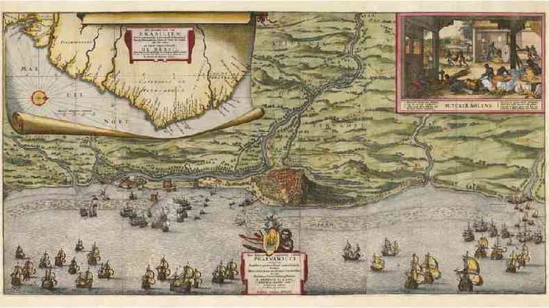 Olinda, ento cidade mais rica do Brasil Colnia, foi saqueada e destruda pelos holandeses, que escolheram Recife como a capital da Nova Holanda. O mapa de Nicolaes Visscher mostra o cerco a Olinda e Recife em 1630(foto: WikiCommons)