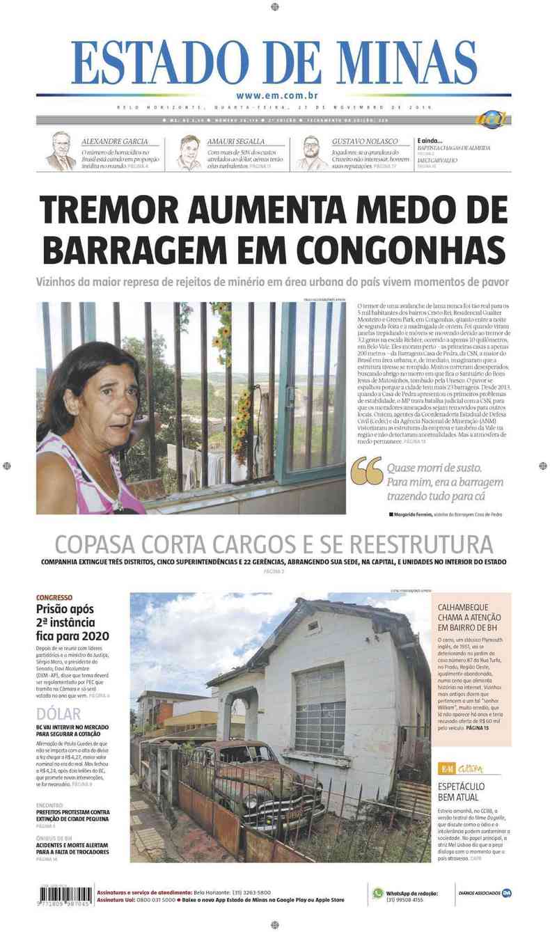 Confira a Capa do Jornal Estado de Minas do dia 27/11/2019(foto: Estado de Minas)