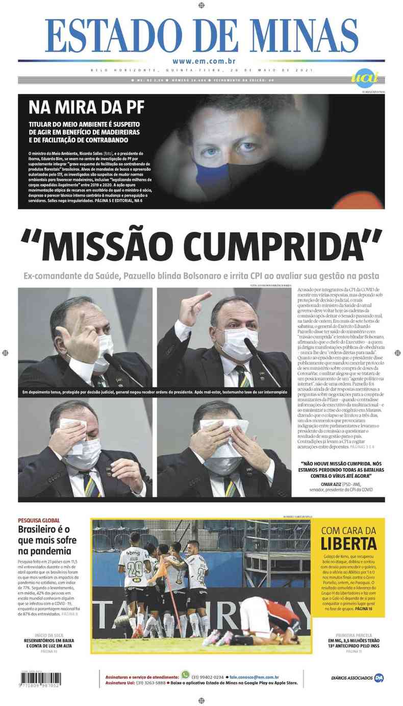 Confira a Capa do Jornal Estado de Minas do dia 20/05/2021(foto: Estado de Minas)