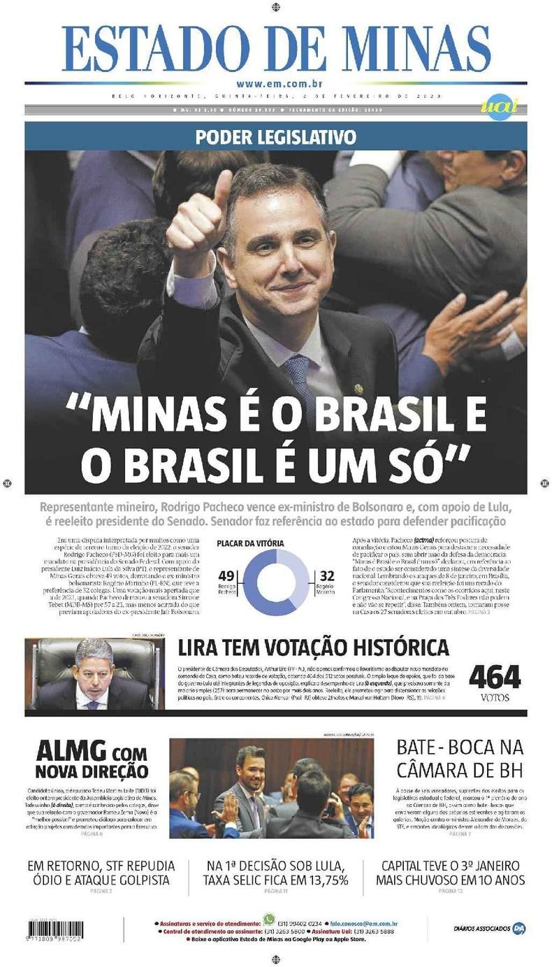 Confira a Capa do Jornal Estado de Minas do dia 02/02/2023