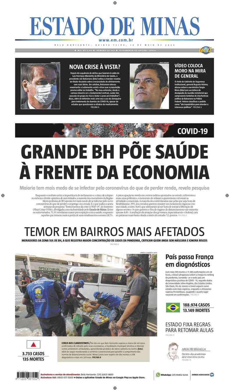 Confira a Capa do Jornal Estado de Minas do dia 14/05/2020(foto: Estado de Minas)