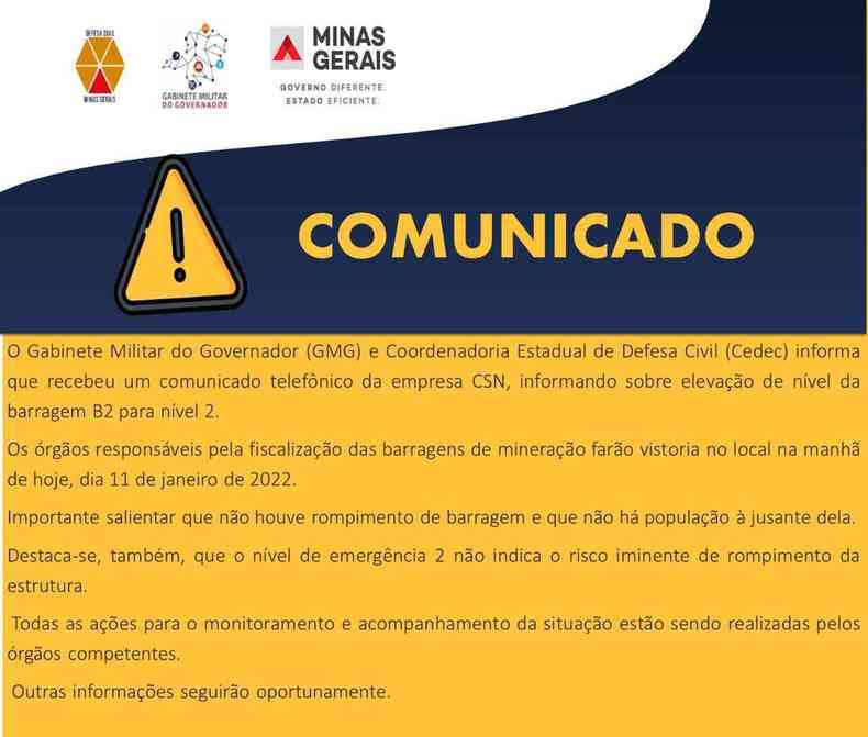 Comunicado da Defesa Civil de Minas Gerais