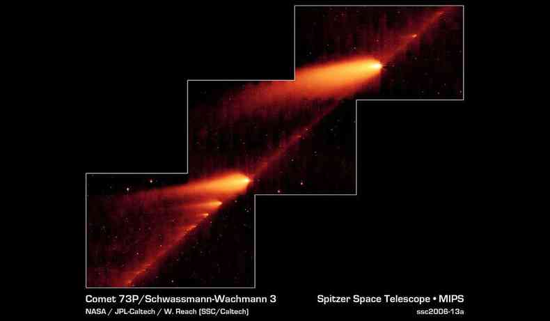 Imagem da fragmentação do cometa 73P, que criou a nuvem de meteoros que a terra irá atravessar hoje de madrugada.