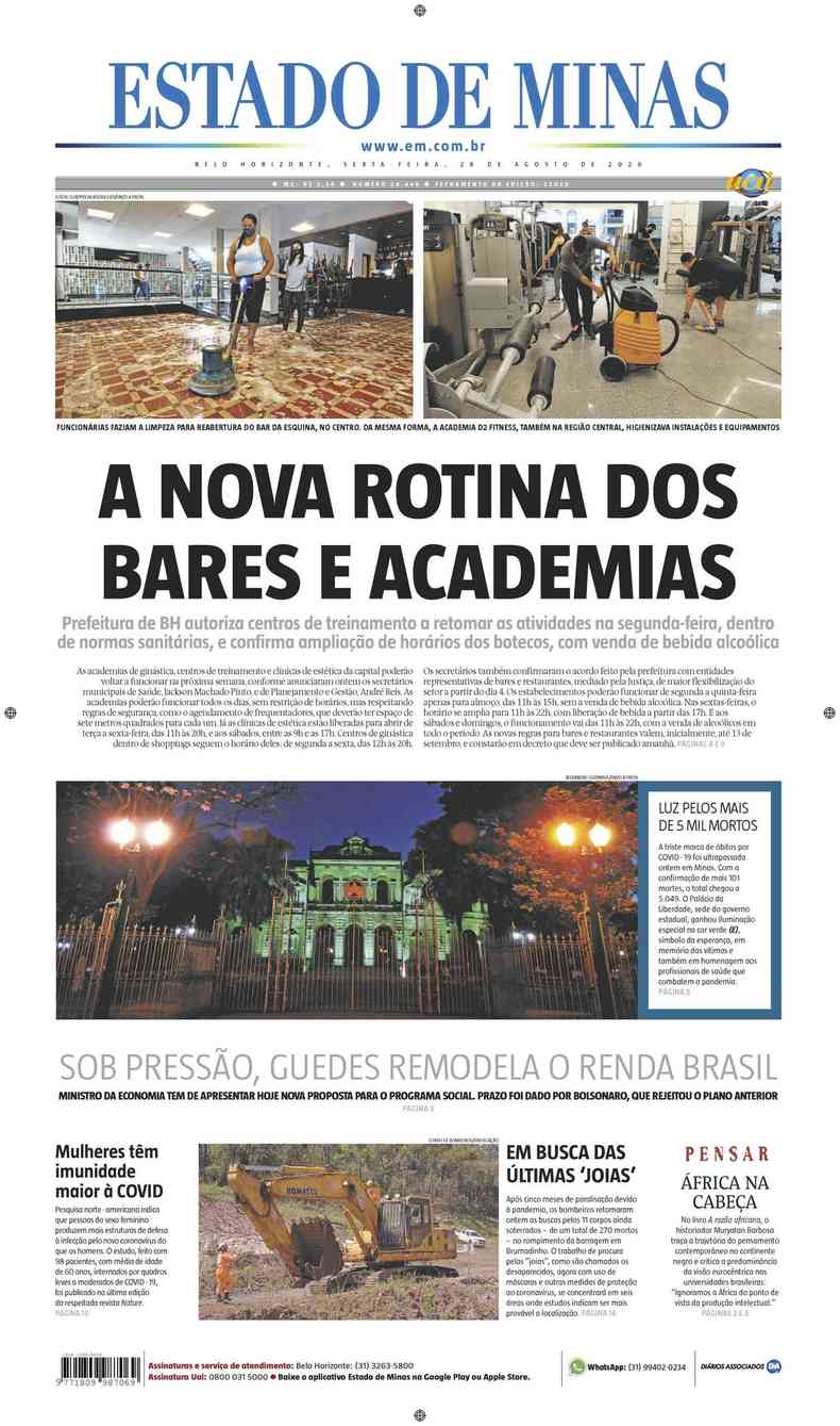 Confira a Capa do Jornal Estado de Minas do dia 28/08/2020(foto: Estado de Minas)