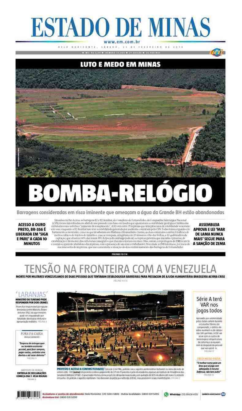 Confira a Capa do Jornal Estado de Minas do dia 23/02/2019(foto: Estado de Minas)