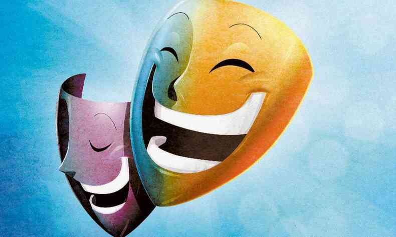 Ilustração com fundo azul traz duas máscaras sorridentes alusivas ao teatro