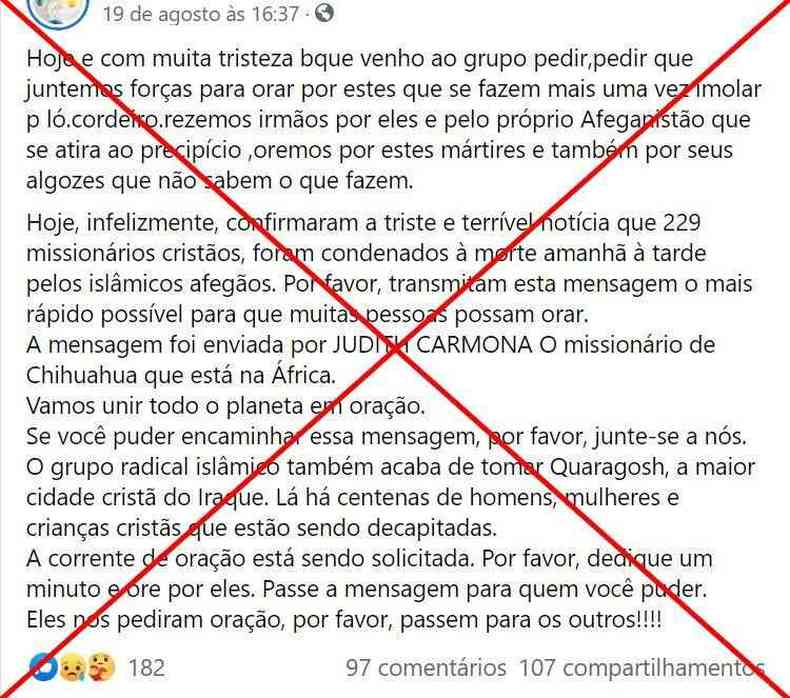 Captura de tela feita em 27 de agosto de 2021 de uma publicao no Facebook