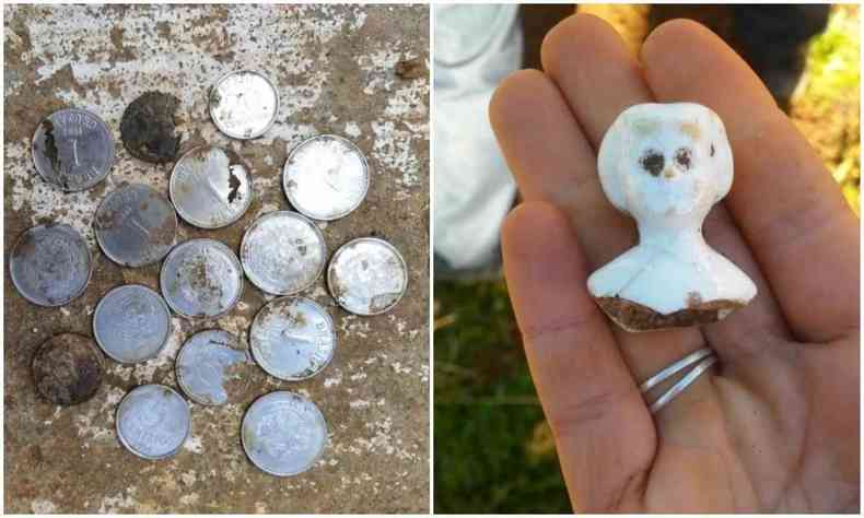 Moedas e bonequinha do sculo 18 encontrados em praa de Mariana