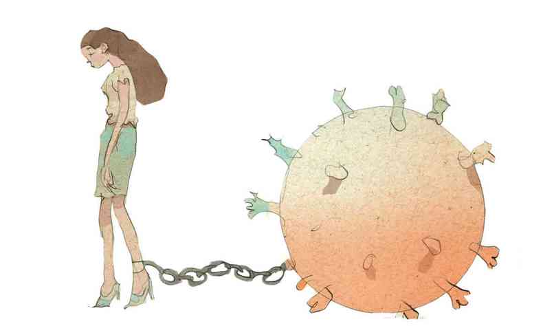 Ilustrao mostra mulher com perna acorrentada a bola de ao
