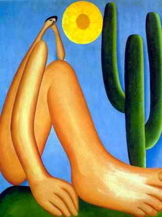 Pintura Abaporu, de Tarsila do Amaral, traz mulher com imenso pé sob o sol e o céu azul, ao lado de um cactus