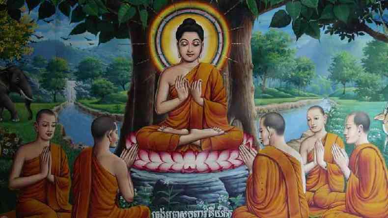 Buda  representado com uma aurola em imagens no mundo todo, como neste afresco de um templo cambojano(foto: Alamy)