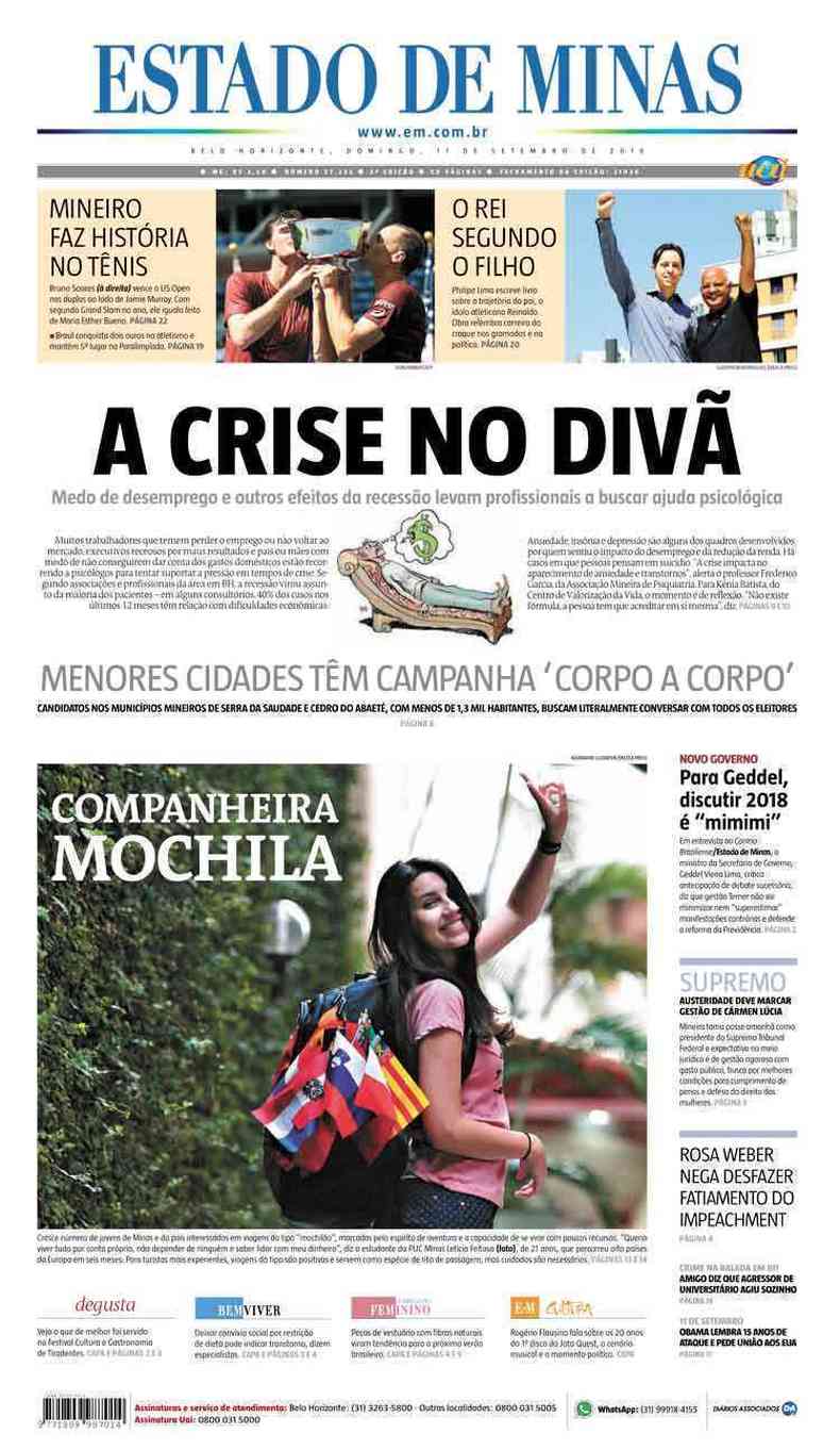Confira a Capa do Jornal Estado de Minas do dia 11/09/2016