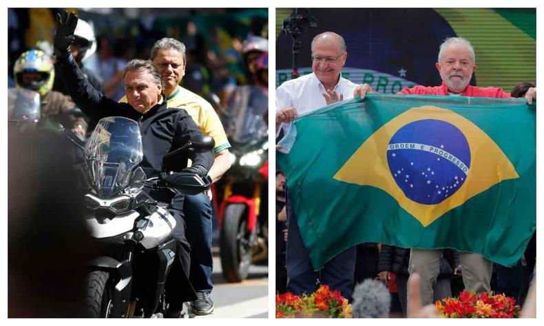 montagem com foto de bolsonaro andando de moto em campinas e lula e alckmin com bandeira do brasil em so paulo