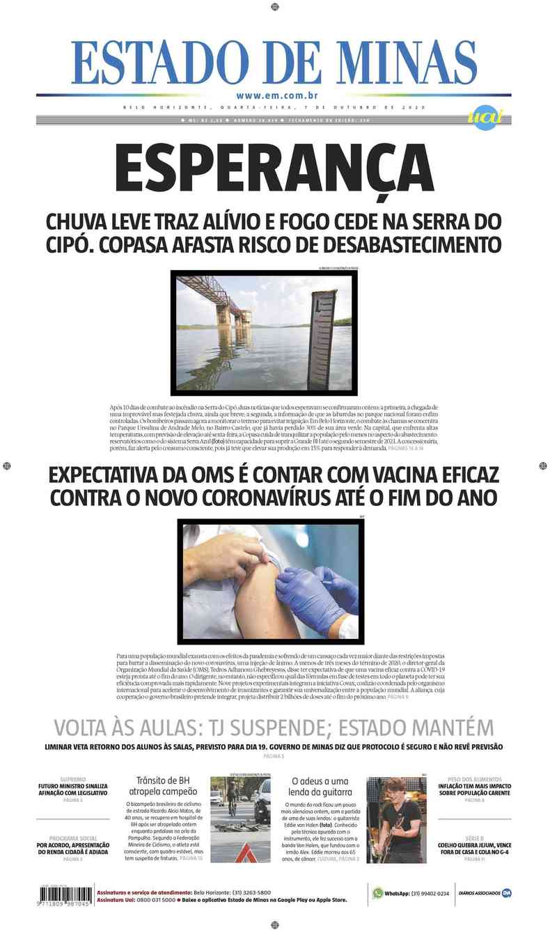 Confira a Capa do Jornal Estado de Minas do dia 07/10/2020(foto: Estado de Minas)