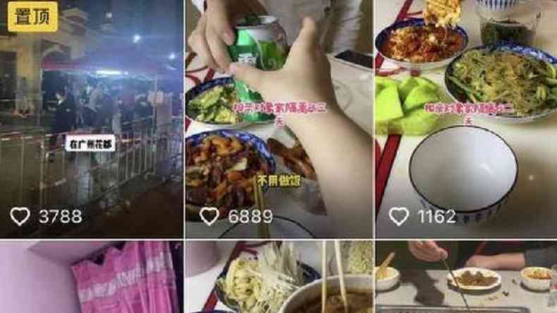 Três imagens diferentes postadas por Wang, uma delas mostrando grades nas ruas e outras duas pratos de comida