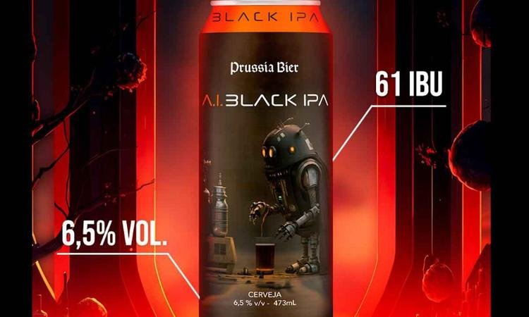 Cerveja Prussia com a lata preta e um fundo vermelho