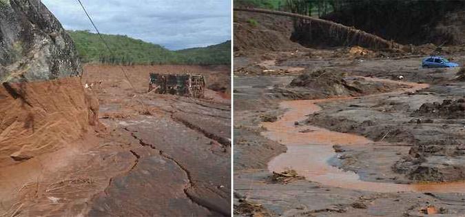 Turbilhão de 62 milhões de metros cúbicos de rejeito deixou impressas nas pedras e na mata ciliar as marcas de sua força, revelada também nos destroços de estação e em carros atolados pelo tsunami de lama(foto: Leandro Couri/EM/D.A Press) Turbilhão de 62 milhões de metros cúbicos de rejeito deixou impressas nas pedras e na mata ciliar as marcas de sua força, revelada também nos destroços de estação e em carros atolados pelo tsunami de lama(foto: Leandro Couri/EM/D.A Press)