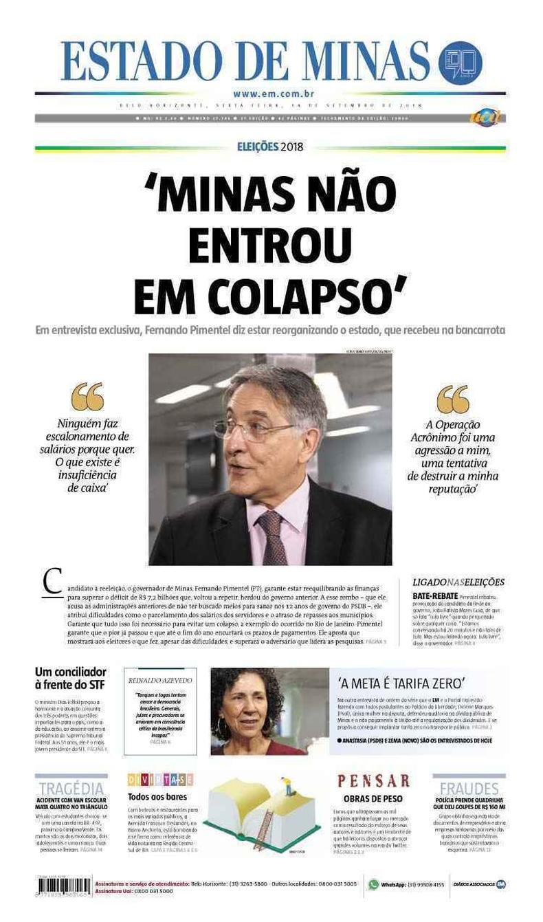 Confira a Capa do Jornal Estado de Minas do dia 14/09/2018(foto: Estado de Minas)