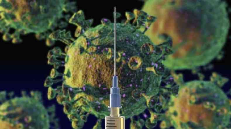 Ilustração de uma seringa com representações do coronavírus no fundo