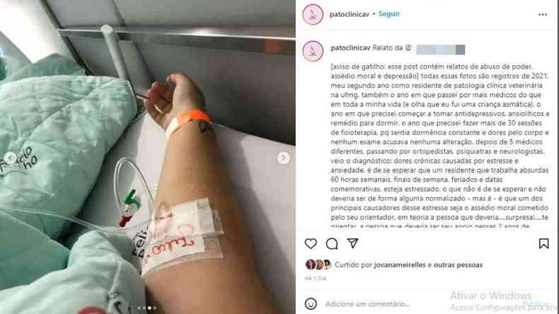 Captura de tela com foto de braço com catéter em maca de hospital. Imagem publicada em perfil de instagram 
