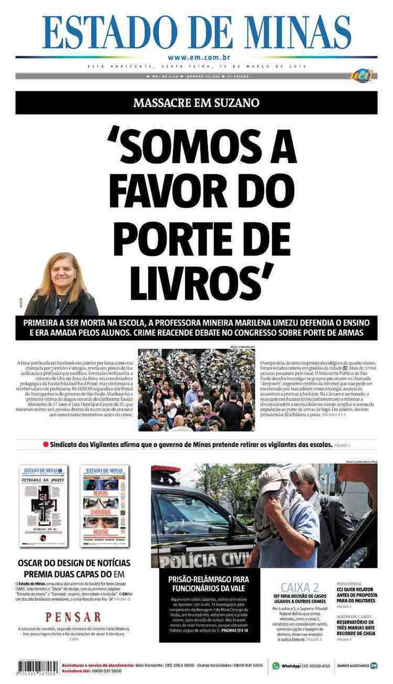 Confira a Capa do Jornal Estado de Minas do dia 15/03/2019(foto: Estado de Minas)