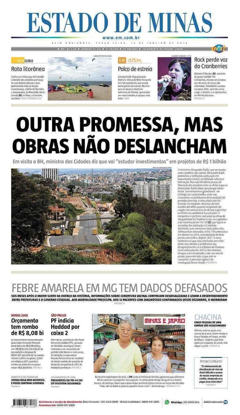 Confira a Capa do Jornal Estado de Minas do dia 16/01/2018