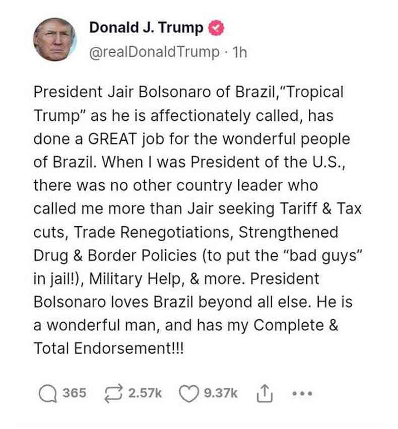 Postagem de Trump com elogios a Jair Bolsonaro