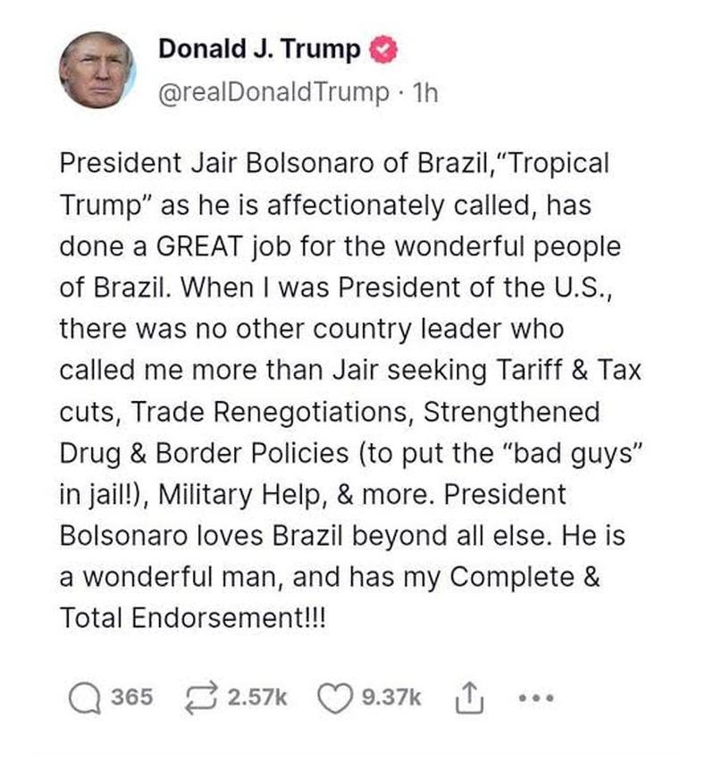 Postagem de Trump com elogios a Jair Bolsonaro(foto: Reprodução/ Truth Social) Postagem de Trump com elogios a Jair Bolsonaro