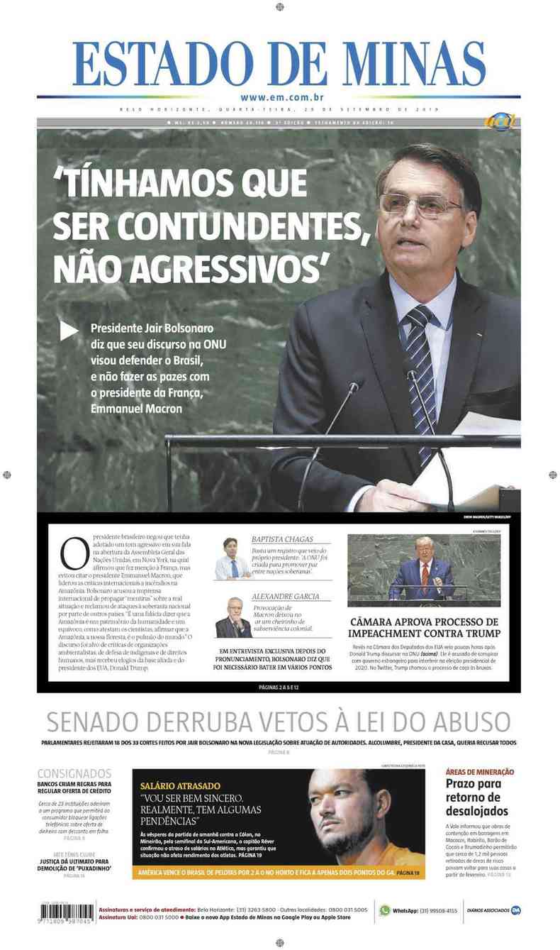 Confira a Capa do Jornal Estado de Minas do dia 25/09/2019(foto: Estado de Minas)