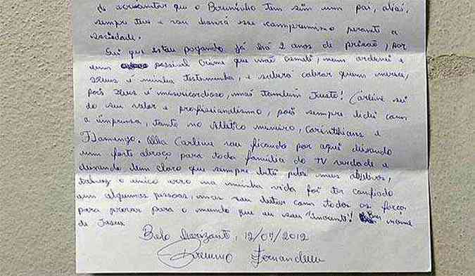 Carta foi escrita pelo goleiro Bruno Fernandes na manh desta quinta-feira(foto: Reproduo/TV Alterosa)