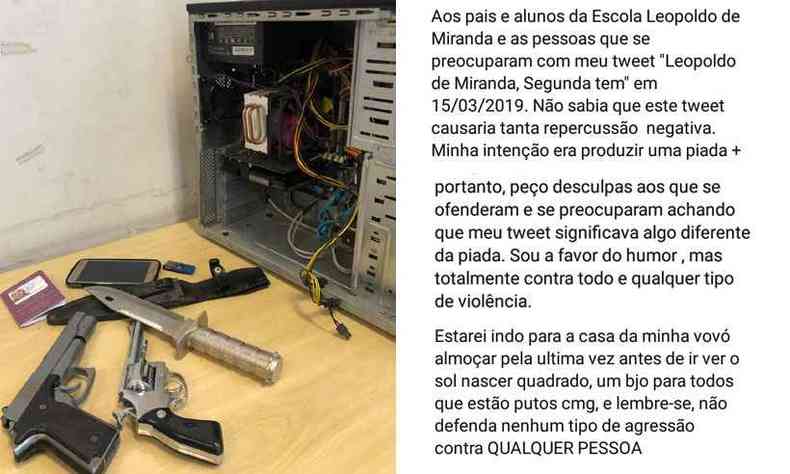 Material apreendido com o jovem.  direita, mensagens que ele postou no Twitter aps a repercusso da foto(foto: Reproduo da internet/WhatsApp)