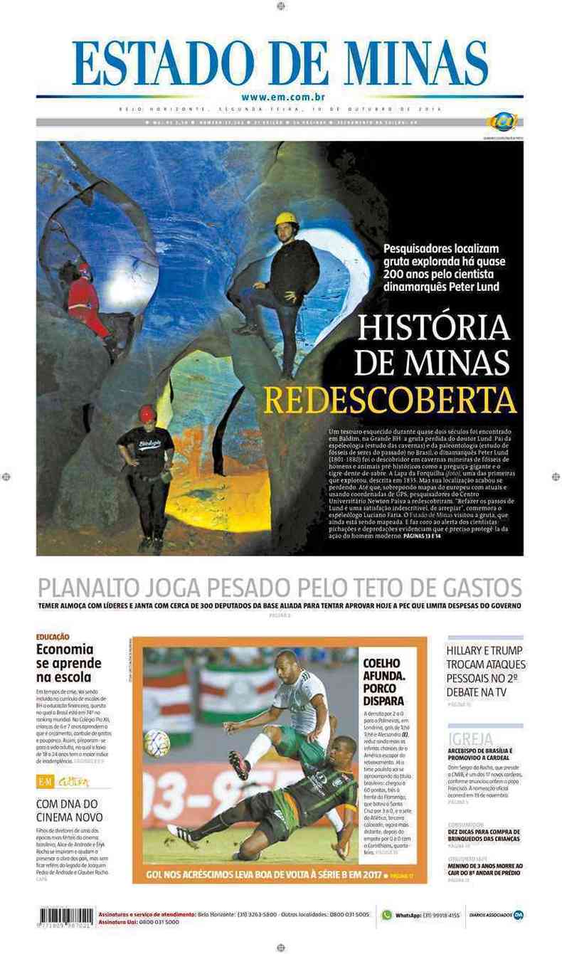 Confira a Capa do Jornal Estado de Minas do dia 10/10/2016