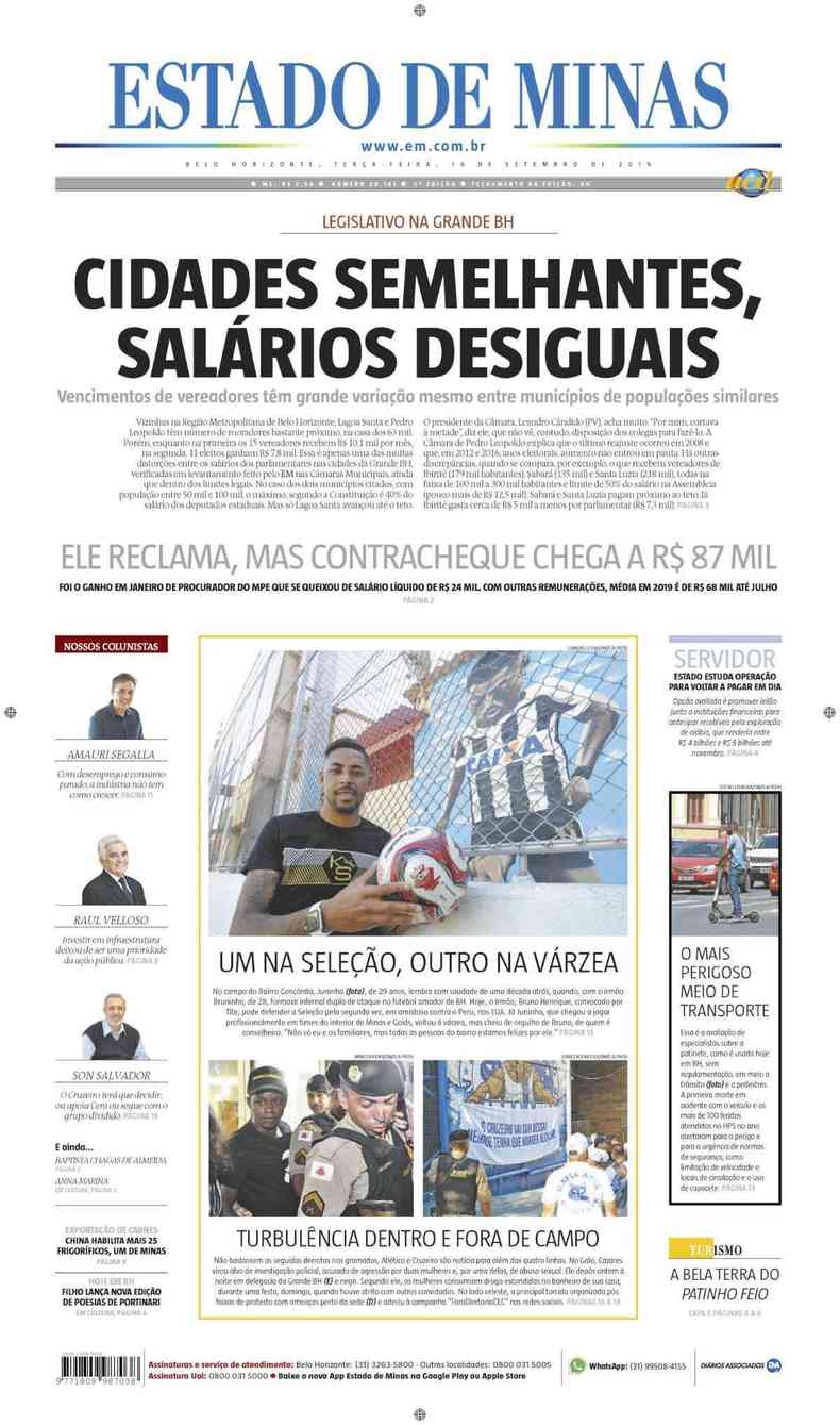 Confira a Capa do Jornal Estado de Minas do dia 10/09/2019(foto: Estado de Minas)