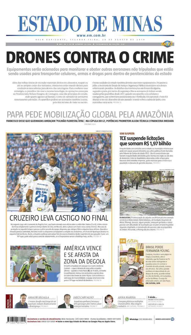 Confira a Capa do Jornal Estado de Minas do dia 26/08/2019(foto: Estado de Minas)