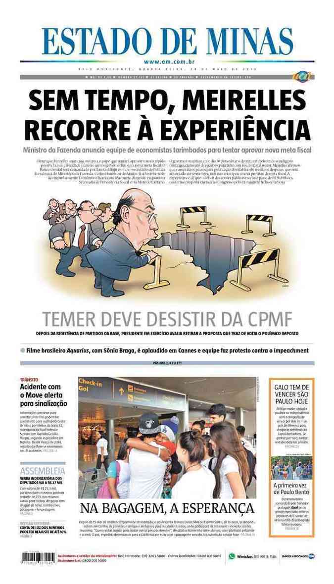 Confira a Capa do Jornal Estado de Minas do dia 18/05/2016