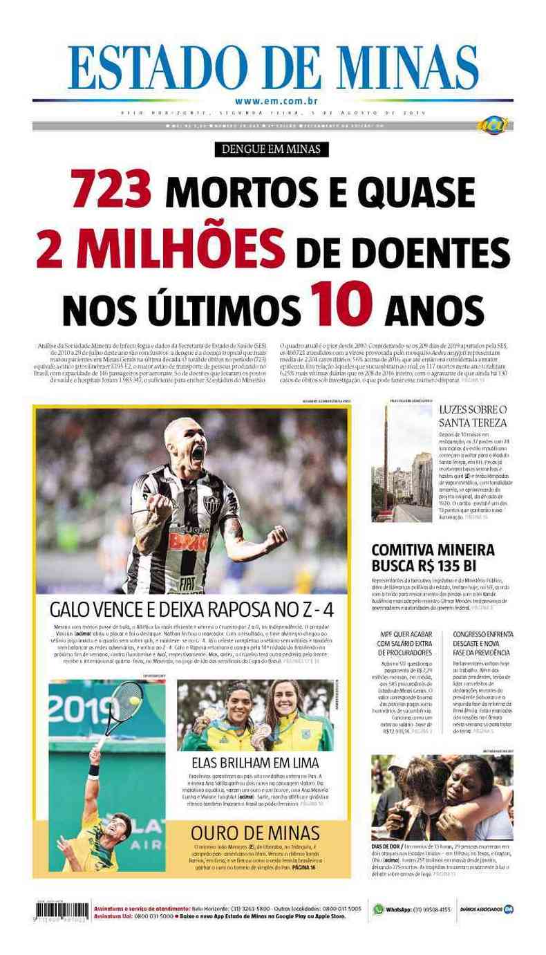 Confira a Capa do Jornal Estado de Minas do dia 05/08/2019(foto: Estado de Minas)