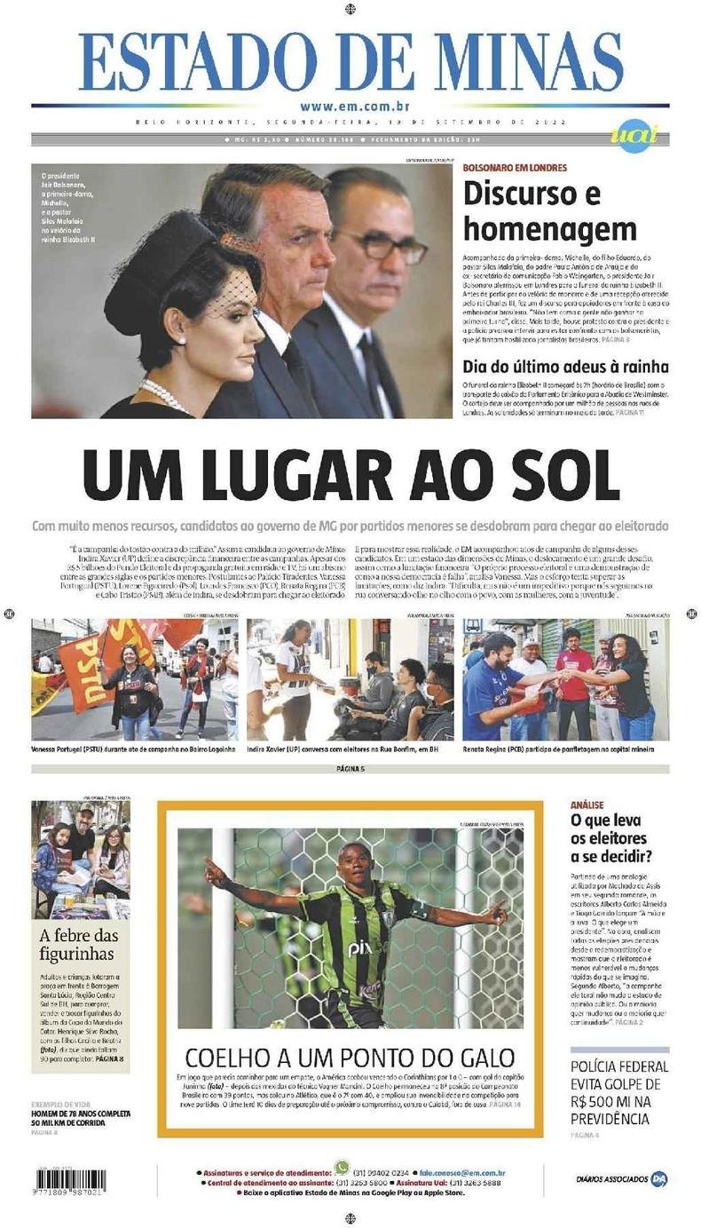Confira a Capa do Jornal Estado de Minas do dia 19/09/2022