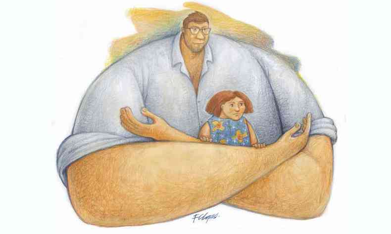 Ilustrao mostra pai de culos segurando menina de vestido azul nos braos 