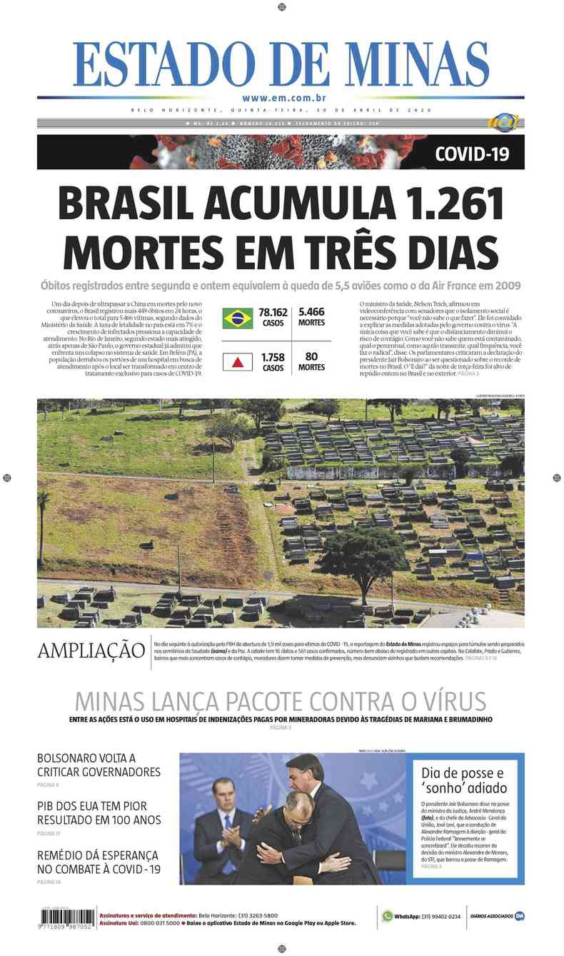 Confira a Capa do Jornal Estado de Minas do dia 30/04/2020(foto: Estado de Minas)