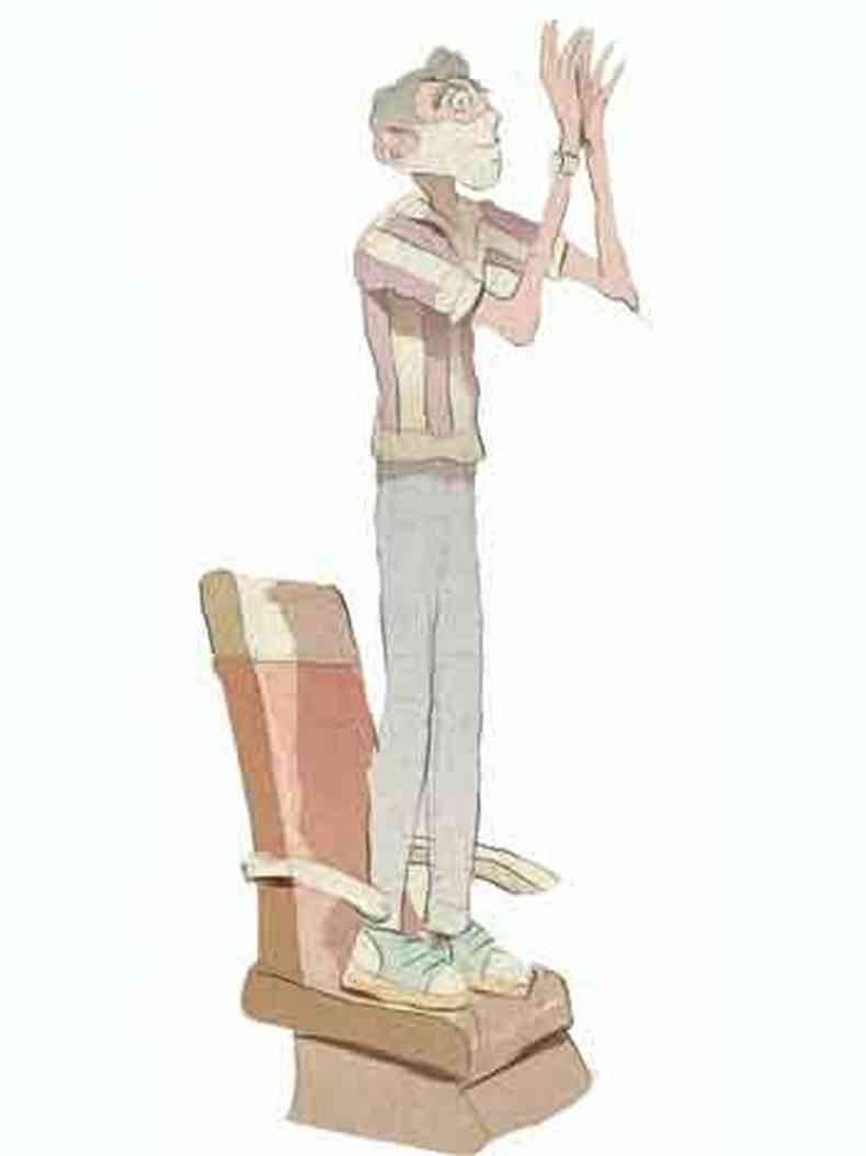 Ilustrao mostra ator de mscara interpretando texto em p numa cadeira