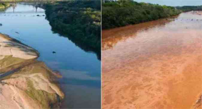 Imagem mostra como era o Rio Doce antes da onda de lama e como ele ficou depois do desastre ambientalElvira Nascimento/ Revista Caminhos Gerais
