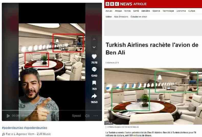 Comparao feita em 26 de junho de 2023 com capturas de tela de uma publicao no TikTok e do site da BBC News
